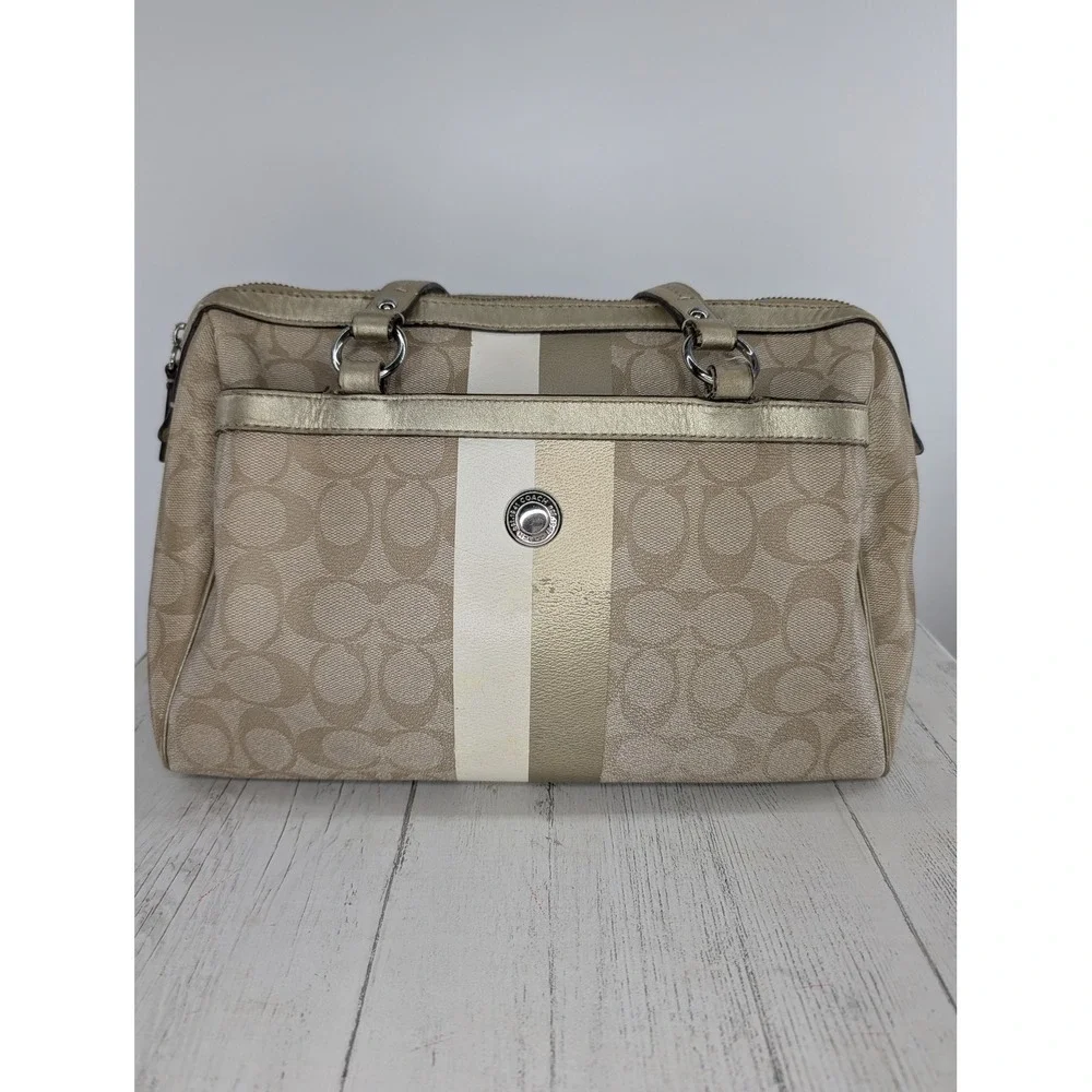 Coach Heritage Stripe Satchel Khaki Gold Signature Canvas Bag F14478